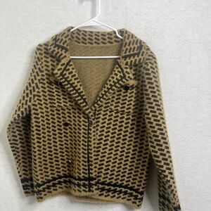 Fuzzy Knit Jacket Cardigan Tan Black Pattern Cropped Button Up Cozy Sweater